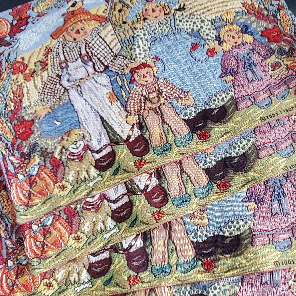 4 Scarecrow Placemats By Grigs Fall Autumn Pumpkins Dog Tapestry Cute 2001 Vtg